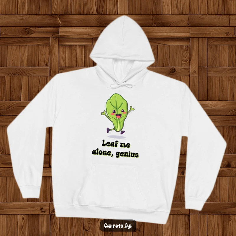 Funny spinach leaf hoodie with a happy character executing a daring stunt, providing warmth and a comedic visual.