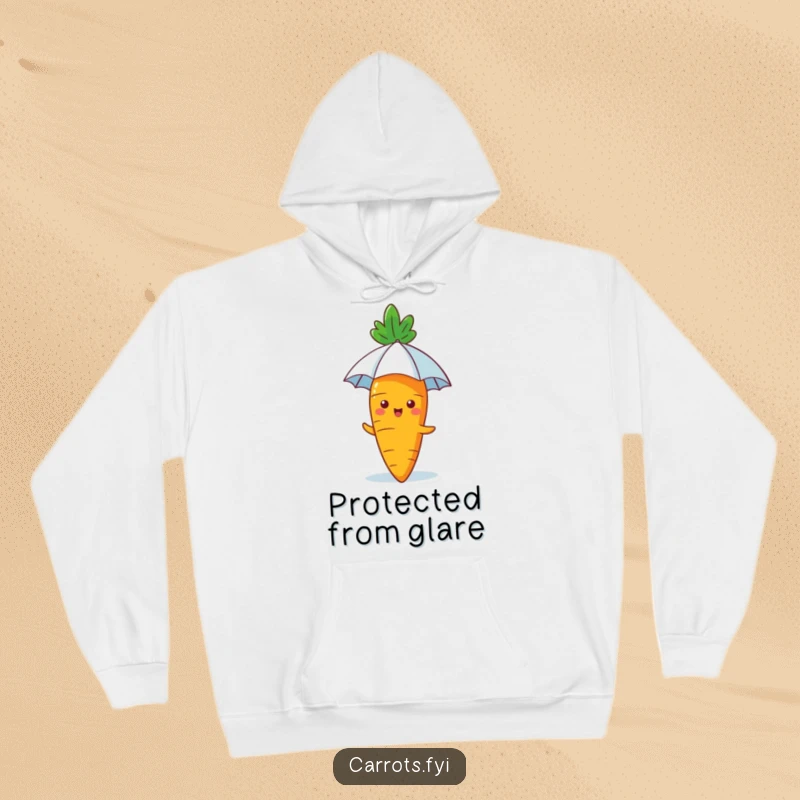 Funny Carrot Hoodie: A cozy hoodie adorned with a happy carrot using a tiny umbrella for sun protection, bringing warmth and humor.