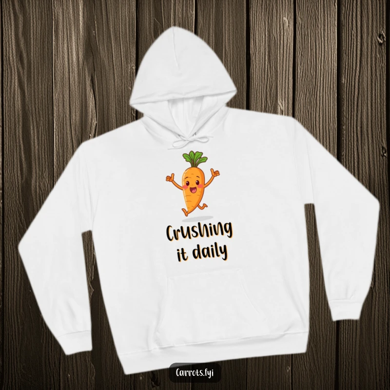 Funny hoodie featuring a happy, smiling whole carrot character taking a victorious stride, symbolizing achievement and good cheer.