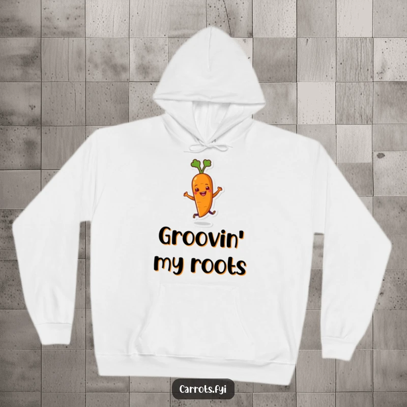 Funny hoodie featuring a delighted carrot character caught in a hilarious, wiggling dance, perfect for cozy, cheerful moments.