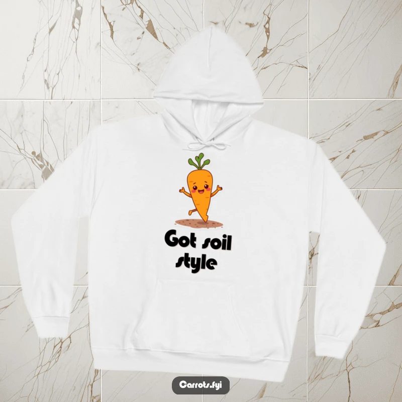 Funny hoodie illustration of a carrot character doing a lively, bouncy jig, with small dirt clods scattering around.