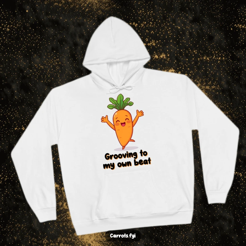 Funny carrot character performing a joyful dance with arms spread wide while wearing a hoodie.