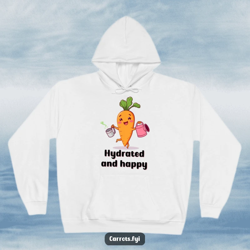Funny hoodie featuring a cheerful carrot character dancing with a watering can, symbolizing happy gardening and vibrant energy.