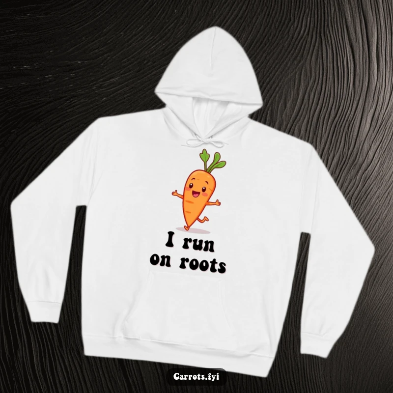 Funny Carrot Character Hoodie: A smiling carrot character jogs cheerfully, making this cozy hoodie perfect for active folks. Warm and funny.