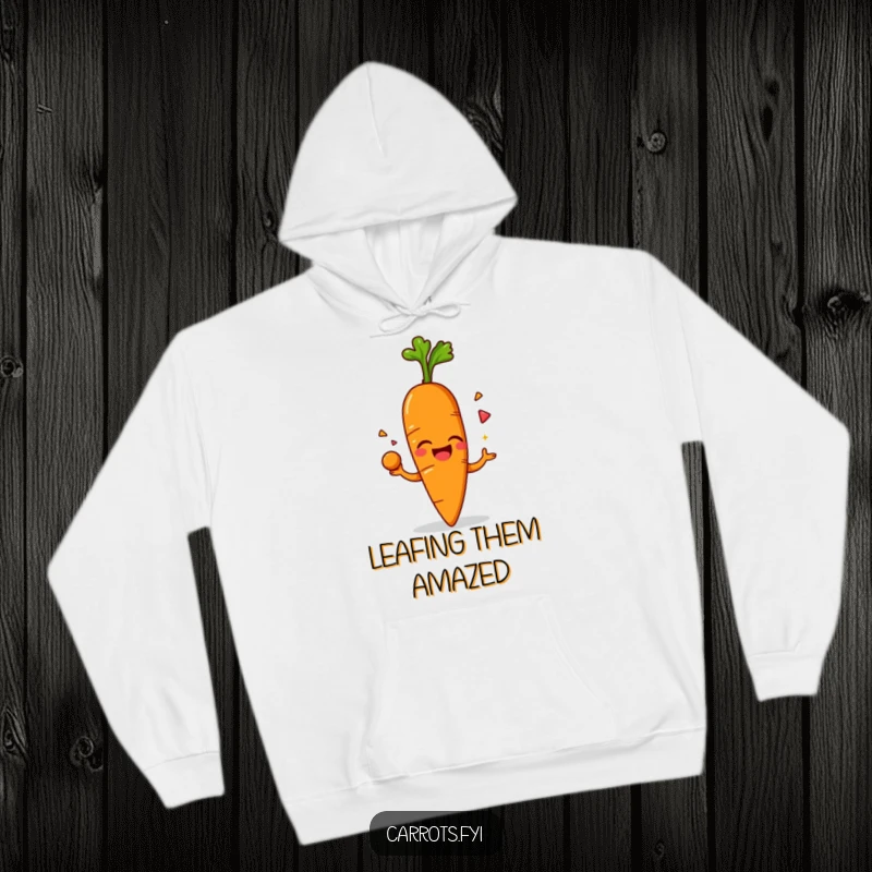 Funny hoodie showcasing an anthropomorphic carrot character with a gleeful giggle, juggling its leafy top, offering warmth and humorous delight.