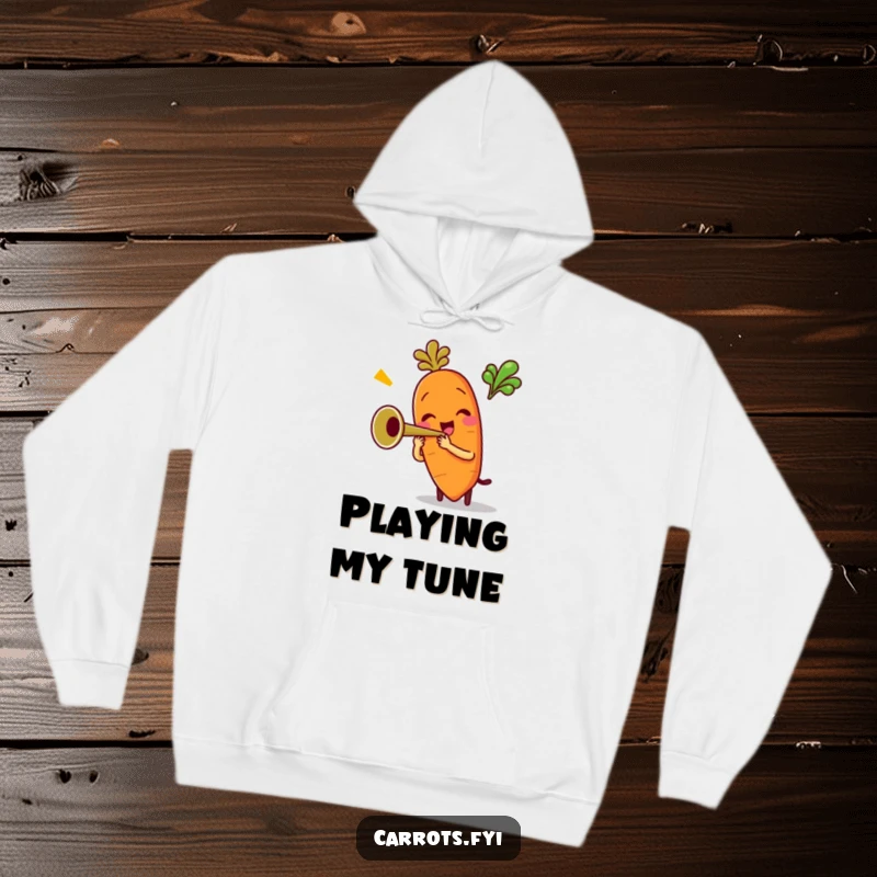 Funny hoodie showcasing an anthropomorphic carrot character enthusiastically playing a tiny trumpet, offering cozy comfort and a cheerful, musical design.