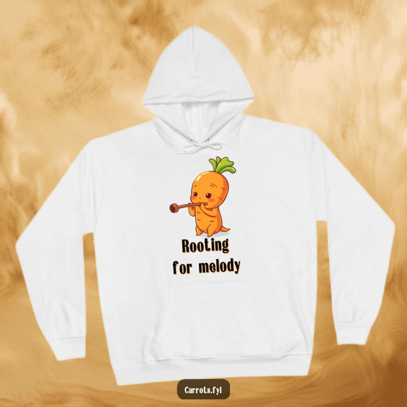 Funny hoodie with a cute carrot character playing a tiny flute, its hollow stalk adding to its musical charm.