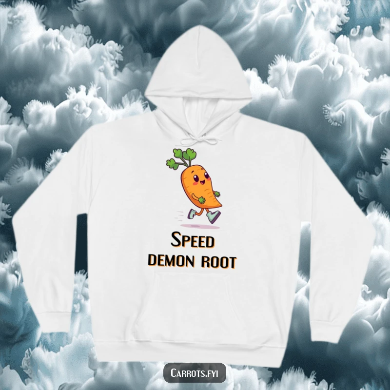 Funny hoodie illustration of an anthropomorphic carrot character wearing tiny roller skates, zipping along with a joyful and determined look.