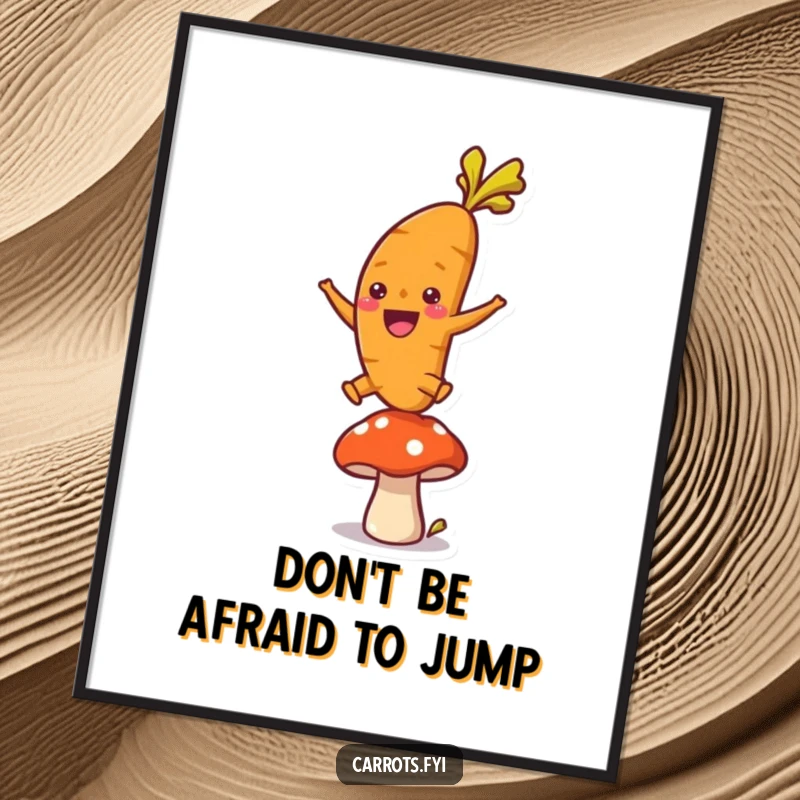 Funny Free Printable Wall Art: An enthusiastic carrot mid-leap over a mushroom, capturing a moment of pure joy, a unique downloadable art piece.