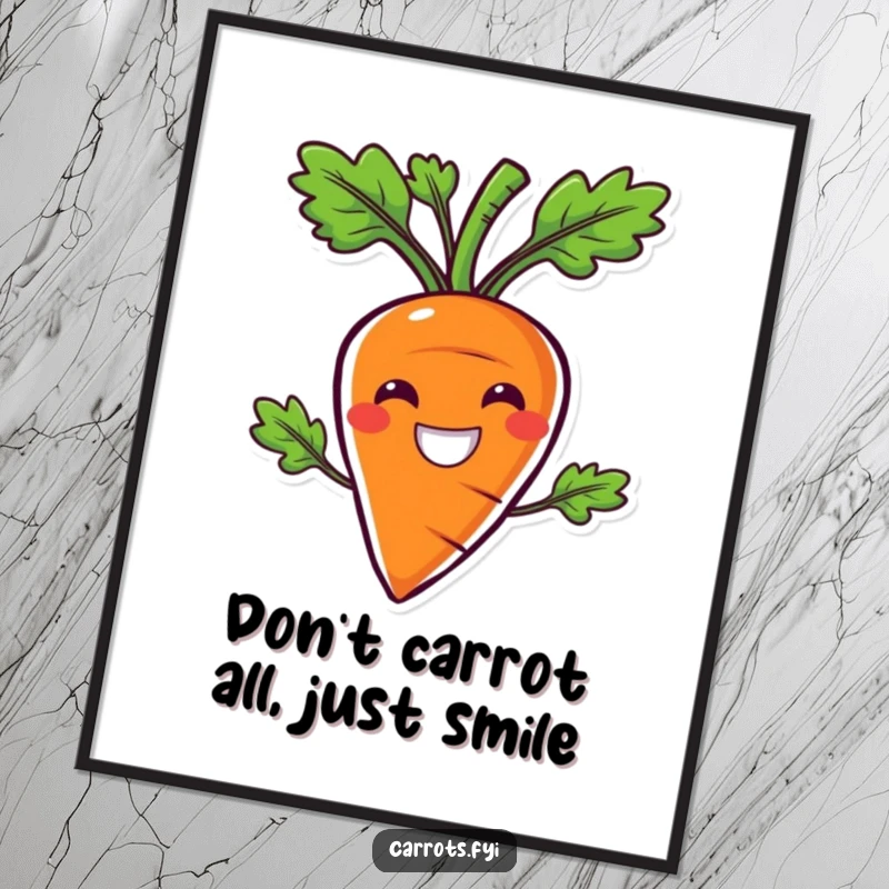 Funny Free Printable Wall Art: Carrot character beaming with a comically wide smile, exuding crunchiness and joy.