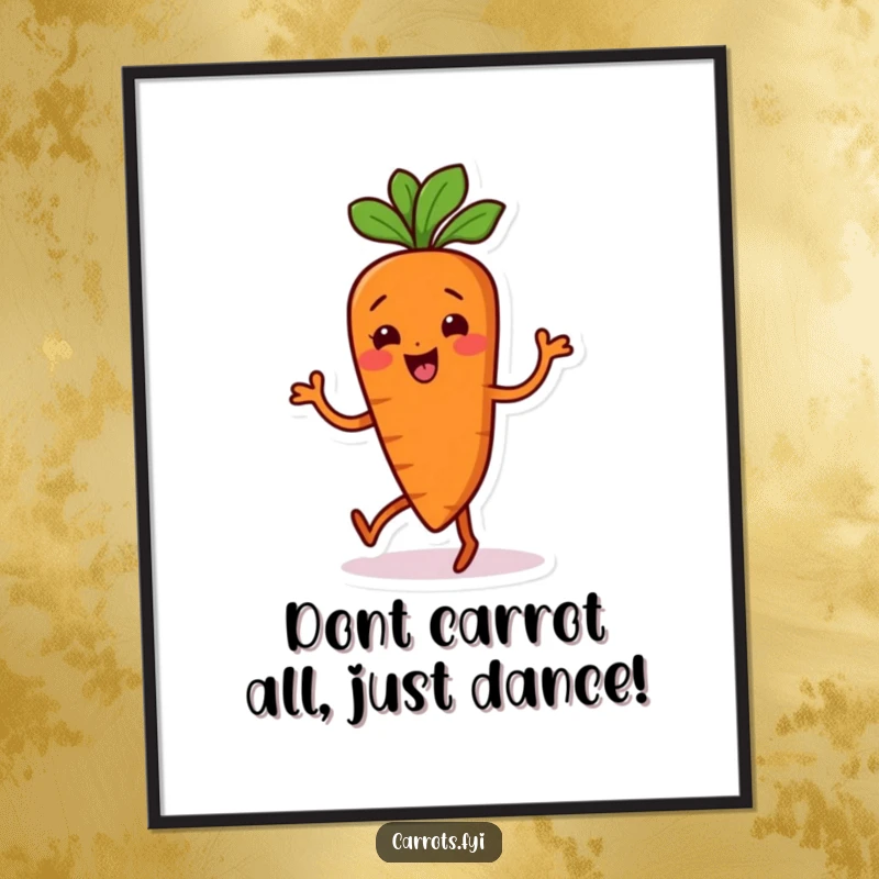 Funny Free Printable Wall Art of a carrot character joyfully doing a silly dance with its body wiggling.