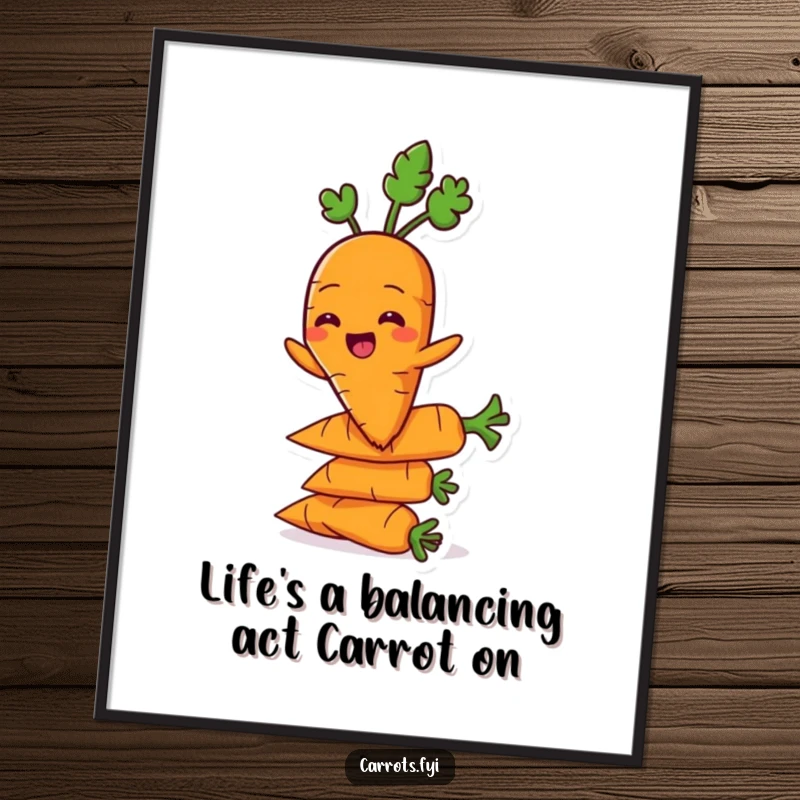 Funny Free Printable carrot character grinning while balancing on a stack of carrots, whimsical veggie wall art.
