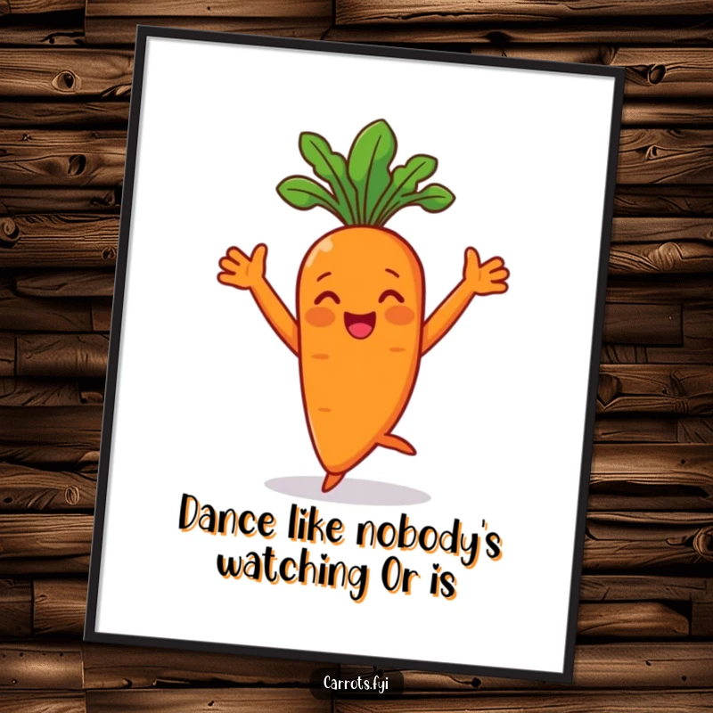 Funny Free Printable carrot character performing a joyful dance with arms flair, energetic veggie wall art.