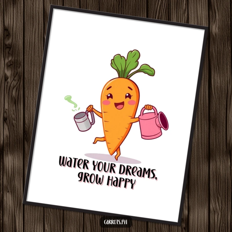 Funny Free Printable Wall Art: A cheerful carrot character exuberantly dancing with a watering can. Humorous downloadable art.