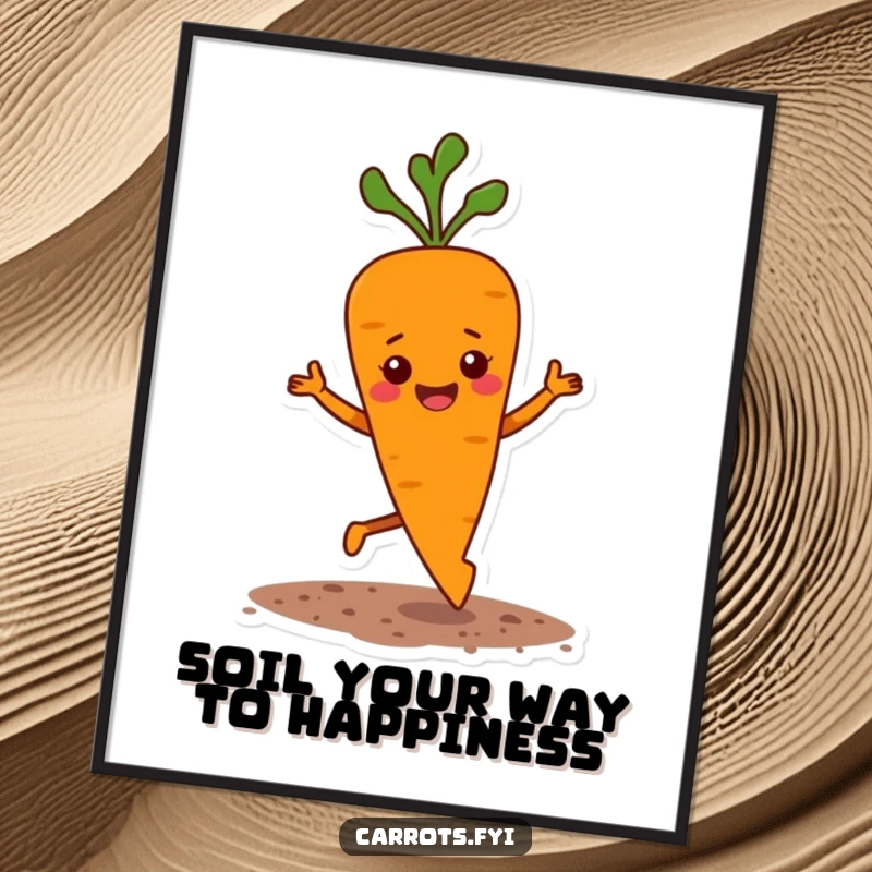 Funny Free Printable Wall Art: A carrot performs a joyful jig, kicking up soil flecks, embodying pure, earthy happiness.