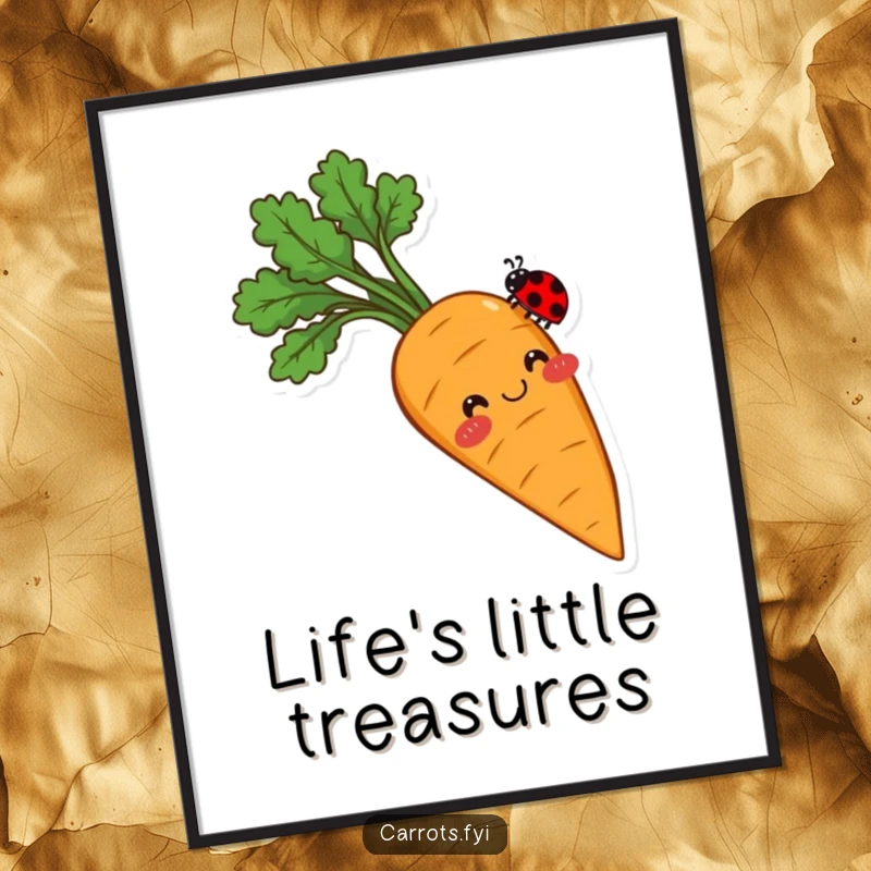 Funny Free Printable Wall Art: A smiling carrot with rosy cheeks expertly balancing a tiny ladybug on its tip, a charming and funny scene, downloadable art.