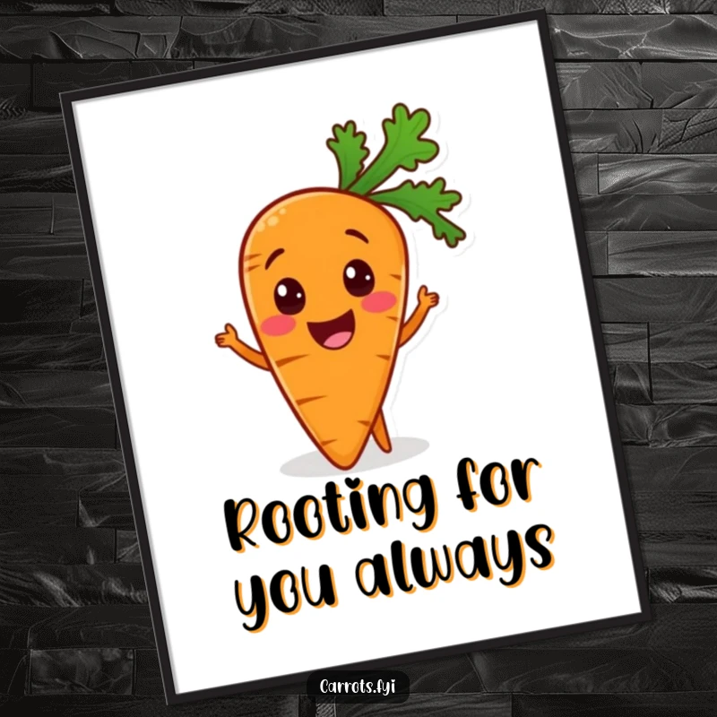 Funny free printable wall art of a carrot character, looking incredibly excited to be part of a healthy meal, adding cheer.