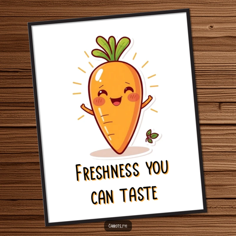 Funny free printable wall art of a carrot with a radiant smile, embodying freshness and bringing a cheerful vibe.