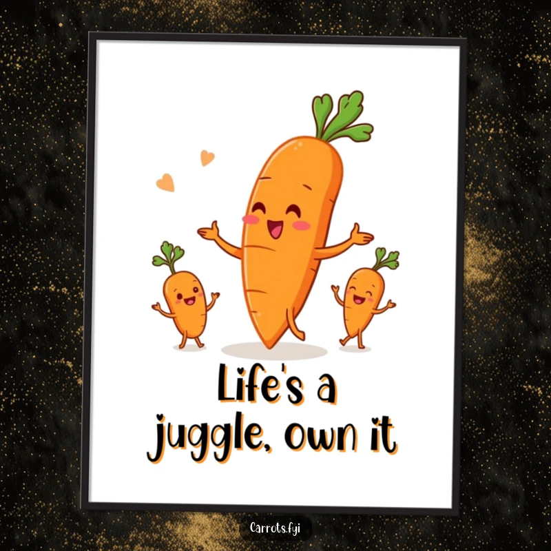 Funny Free Printable Wall Art: An anthropomorphic carrot expertly juggles three small root vegetables, adding playful charm to decor.