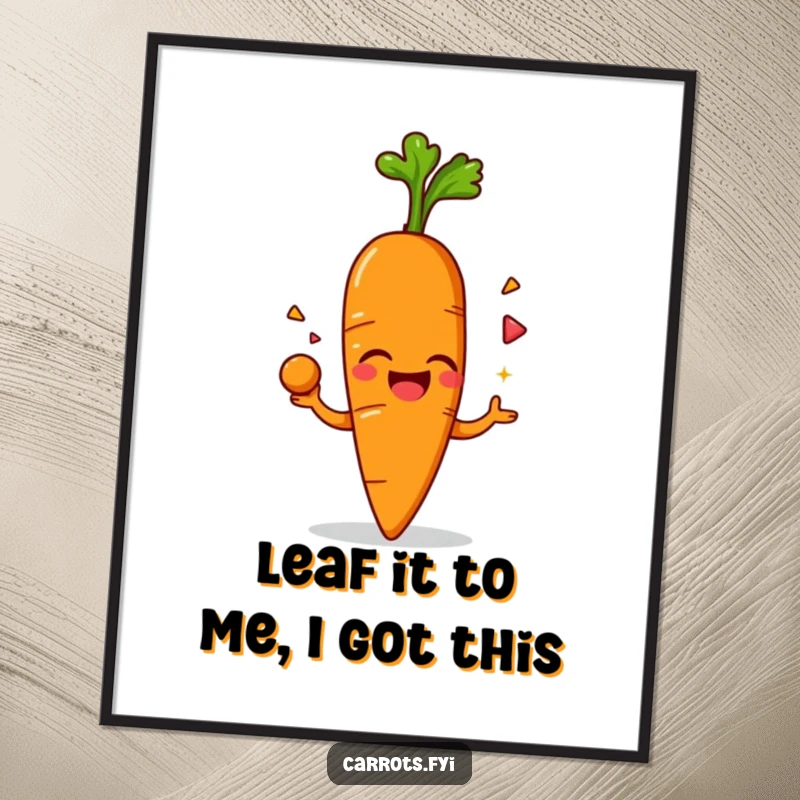 Funny Free Printable Wall Art: Whimsical anthropomorphic carrot character caught mid-juggle, giggling with its own leafy green top.