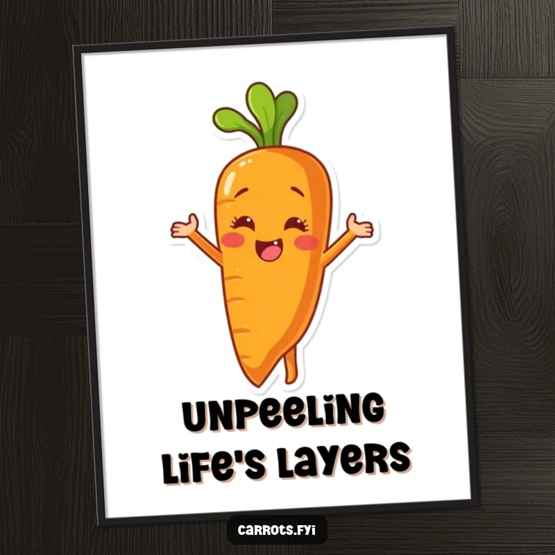 Free Printable Wall Art: a carrot character enthusiastically peels its own skin to reveal a beaming, smiling inner self.