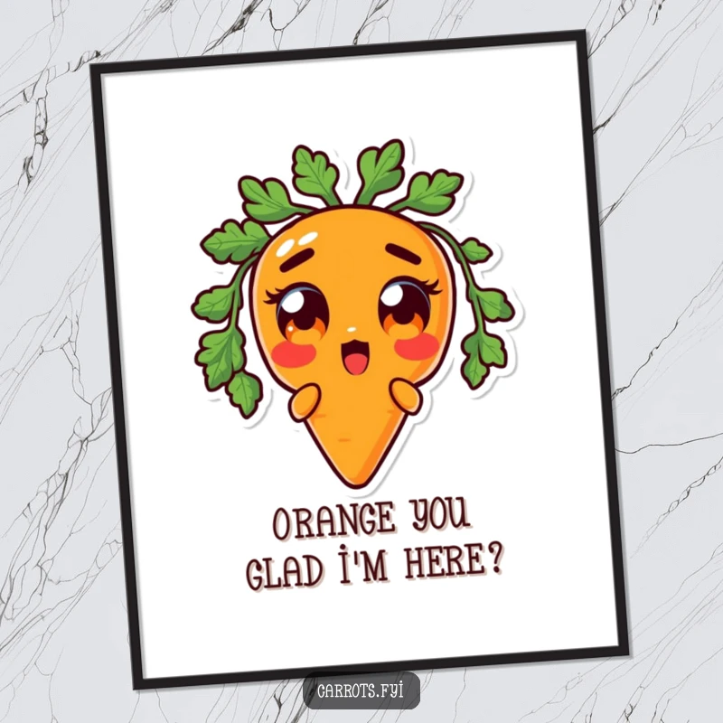 Funny Free Printable Wall Art: A carrot character with comically oversized, surprised orange eyes, capturing a moment of shock.