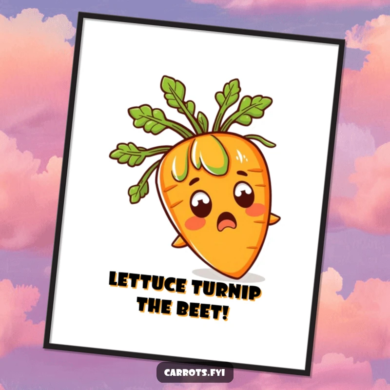 Funny Free Printable Wall Art: A carrot with a shocked expression and wild, leafy green hair, adding quirky humor to decor.