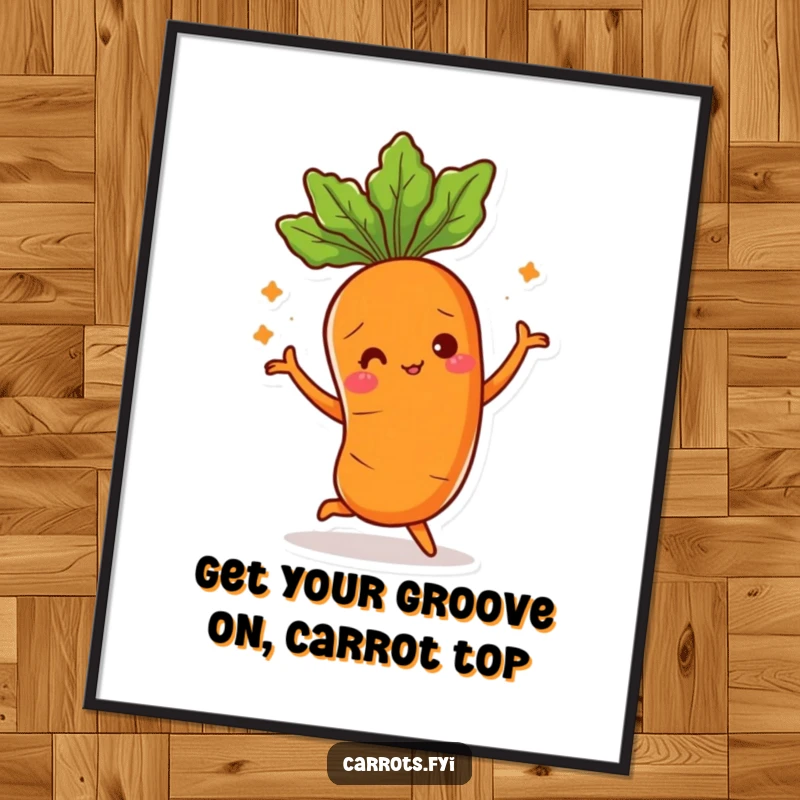 Funny Free Printable Wall Art of a carrot character doing a ridiculous dance with its leafy top, perfect for a playful room.