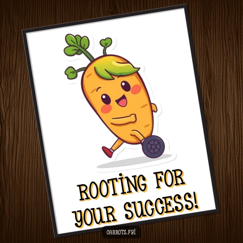 Funny Free Printable Wall Art: A happy carrot with leafy green hair zooms forward on tiny wheels, bringing energy.