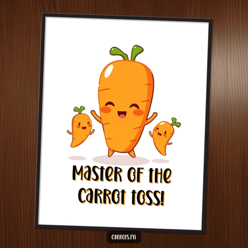 Funny Free Printable Wall Art: A carrot character playfully juggles three smaller, smiling carrots, adding fun.