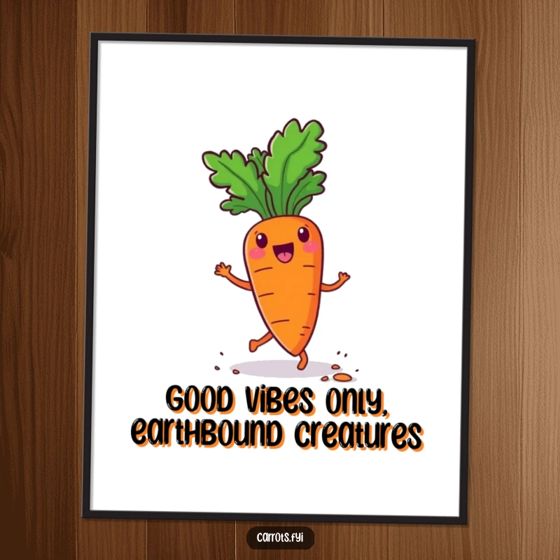 Funny Free Printable Wall Art: an anthropomorphic carrot enthusiastically doing a bouncy jig with little flecks of soil, a comedic downloadable.