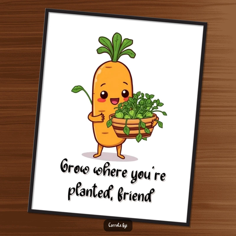 Funny Free Printable Wall Art of a happy carrot character offering a basket brimming with fresh sprouts, quirky home decor.