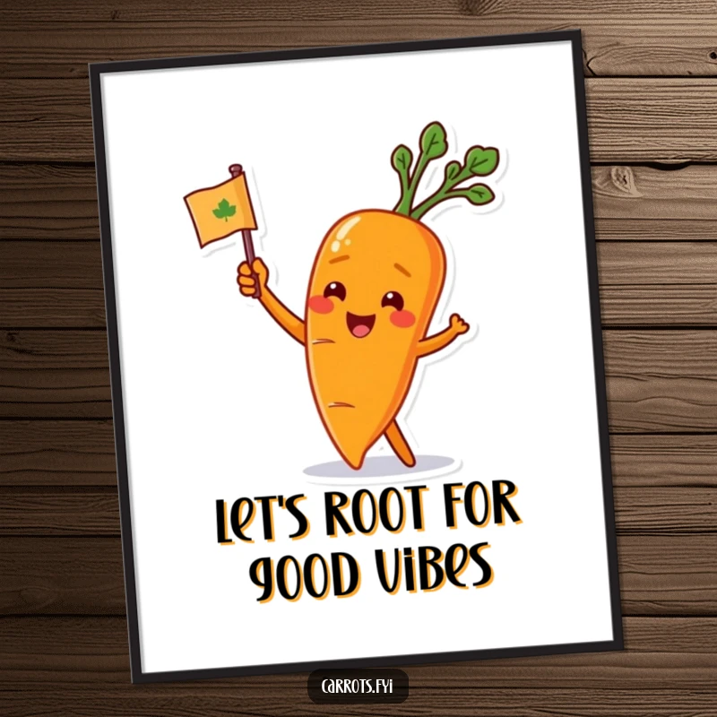 Funny Free Printable Wall Art: A carrot character enthusiastically waving a small, leafy flag, full of life.