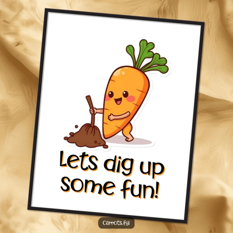 Funny Free Printable Wall Art: An anthropomorphic carrot with a wide smile is energetically digging in the soil, bringing life.