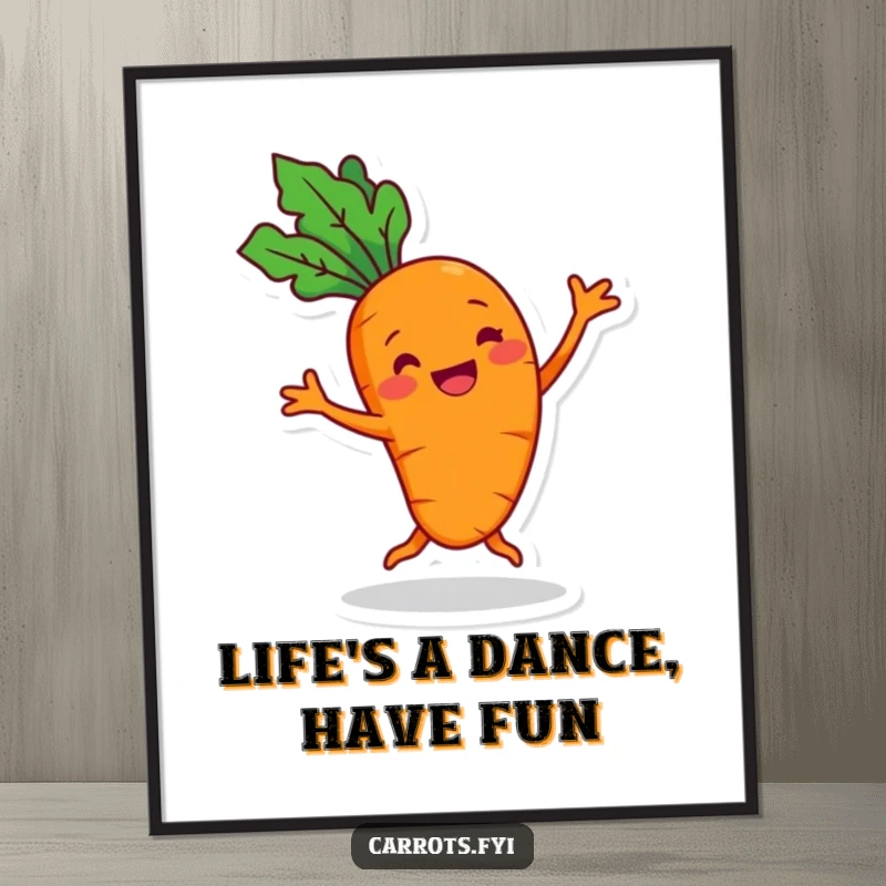 Funny Free Printable Carrot Wall Art: A cheerful carrot grins and dances silly, creating vibrant downloadable art for walls.