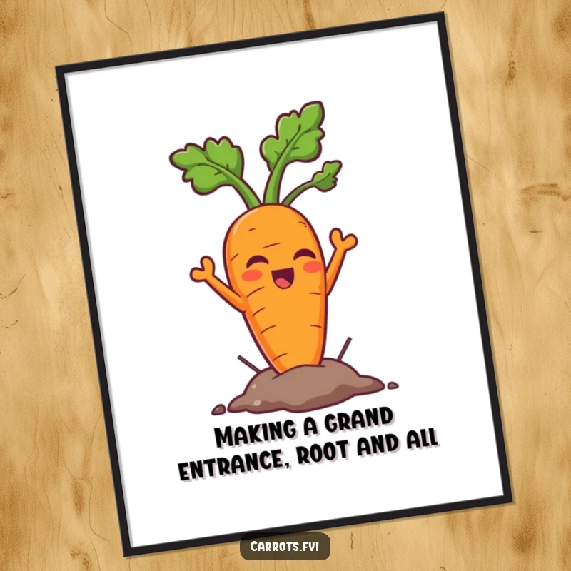 Funny Free Printable Wall Art: A triumphant carrot bursts forth from the ground, exuding joy and a winning attitude for your decor.