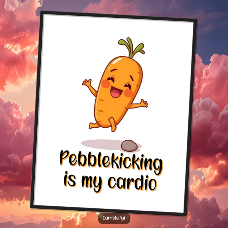 Funny Free Printable Wall Art: An anthropomorphic carrot gleefully kicks a tiny pebble with its root, perfect for quirky decor.