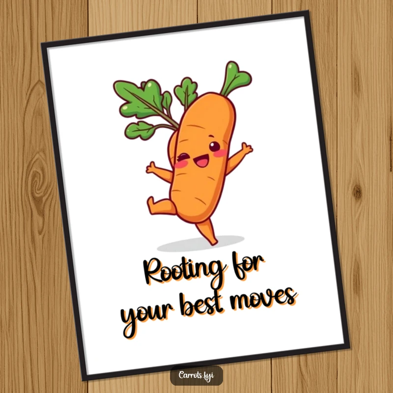 Funny Free Printable Wall Art: Carrot in mid-playful kick with its leafy top, dynamic and cheerful.