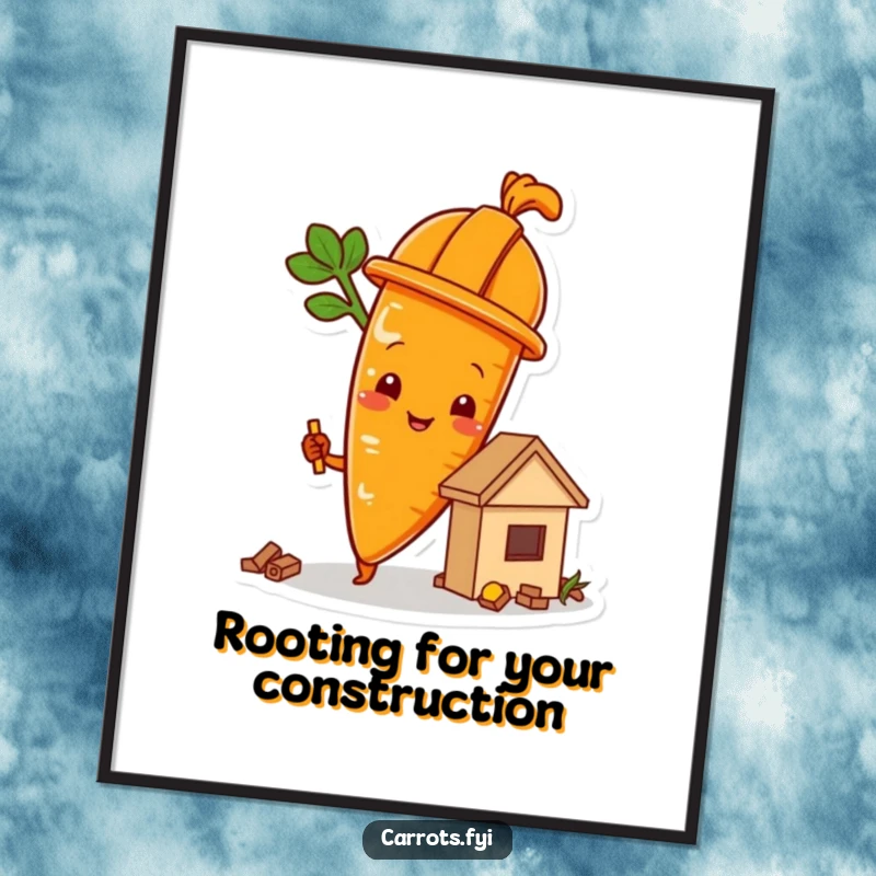Funny Free Printable Wall Art: A carrot wearing a hard hat intently building a small, charming structure out of food items.