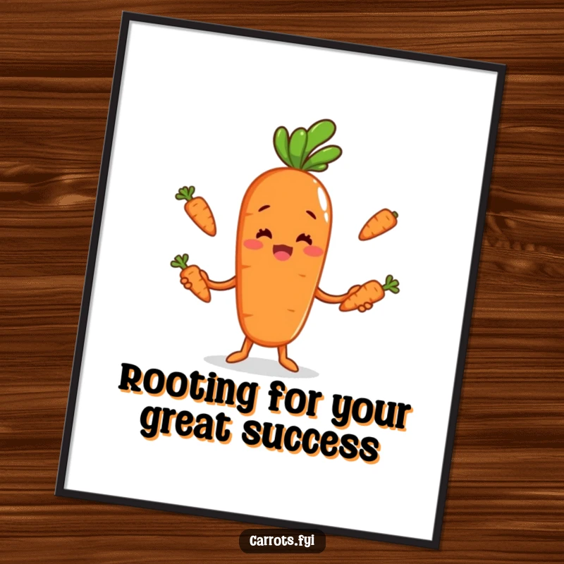 Funny Free Printable Wall Art: an anthropomorphic carrot joyfully juggling smaller carrot sticks, a hilarious piece of downloadable decor.