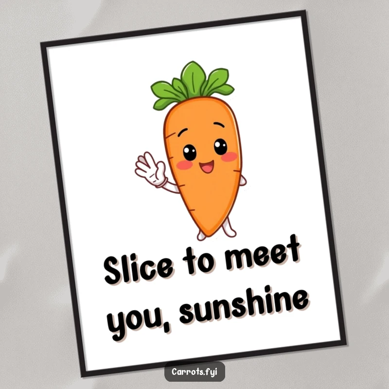 Funny Free Printable Wall Art: a cheerful anthropomorphic carrot offering a friendly wave with a carrot slice, a humorous downloadable.