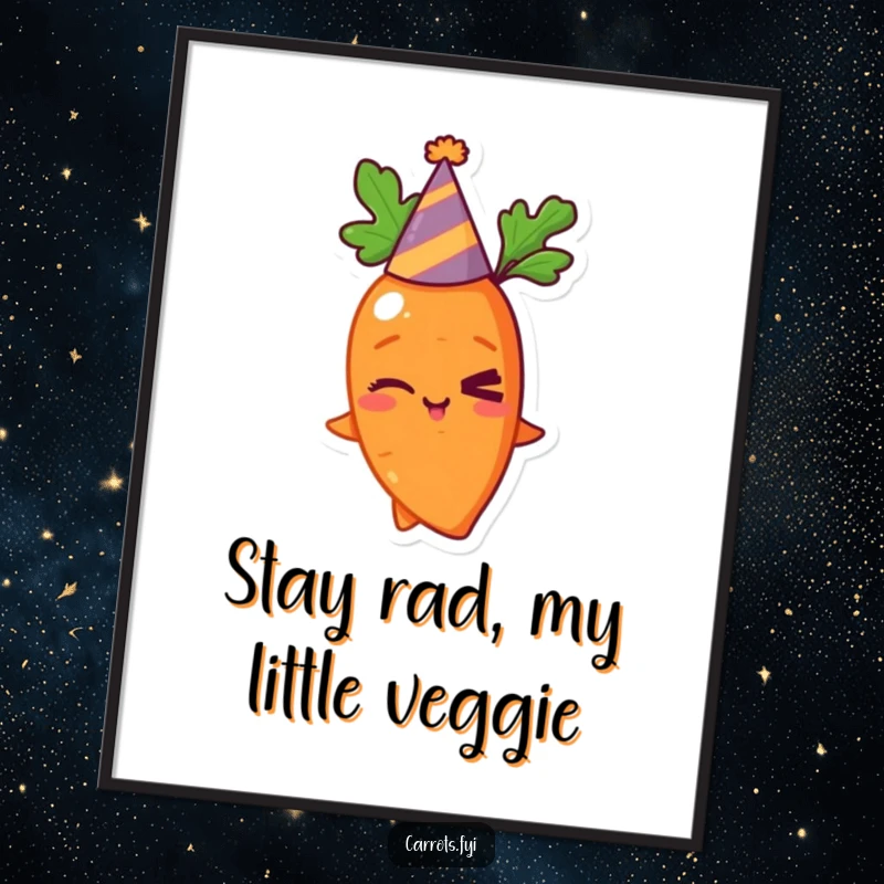 Funny Free Printable Wall Art: Mischievous carrot wearing a party hat winks, adding quirky charm to your space, DIY downloadable.