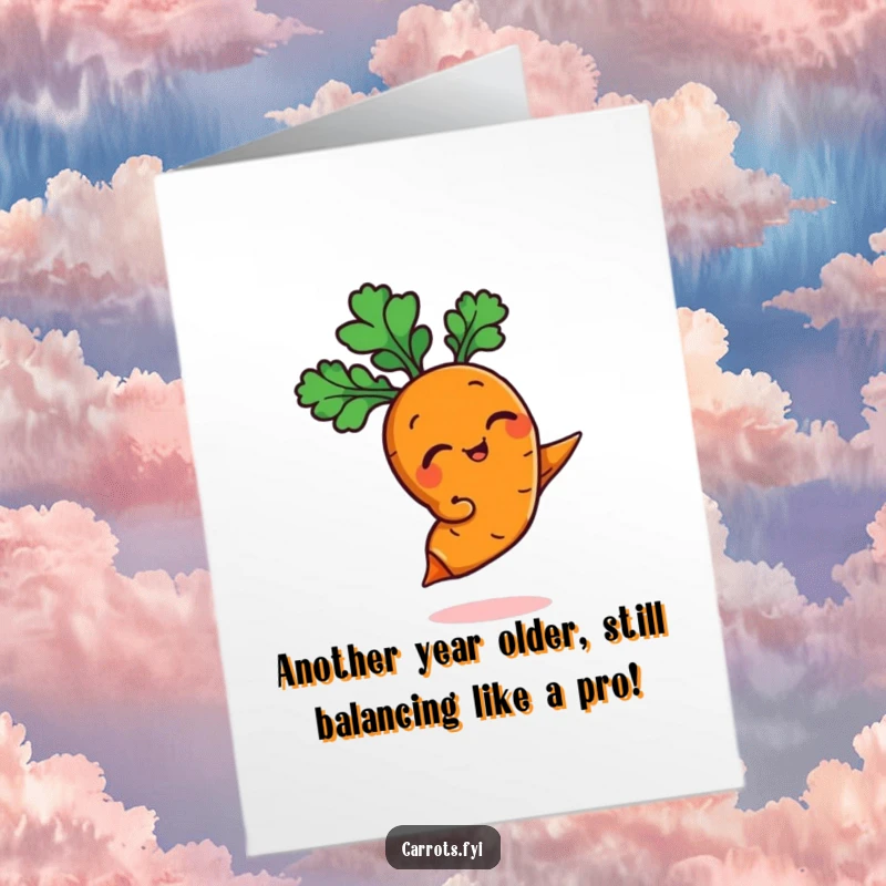 Funny Free Printable Birthday Card: a cheeky anthropomorphic carrot winking while expertly balancing on a single carrot tip, downloadable.