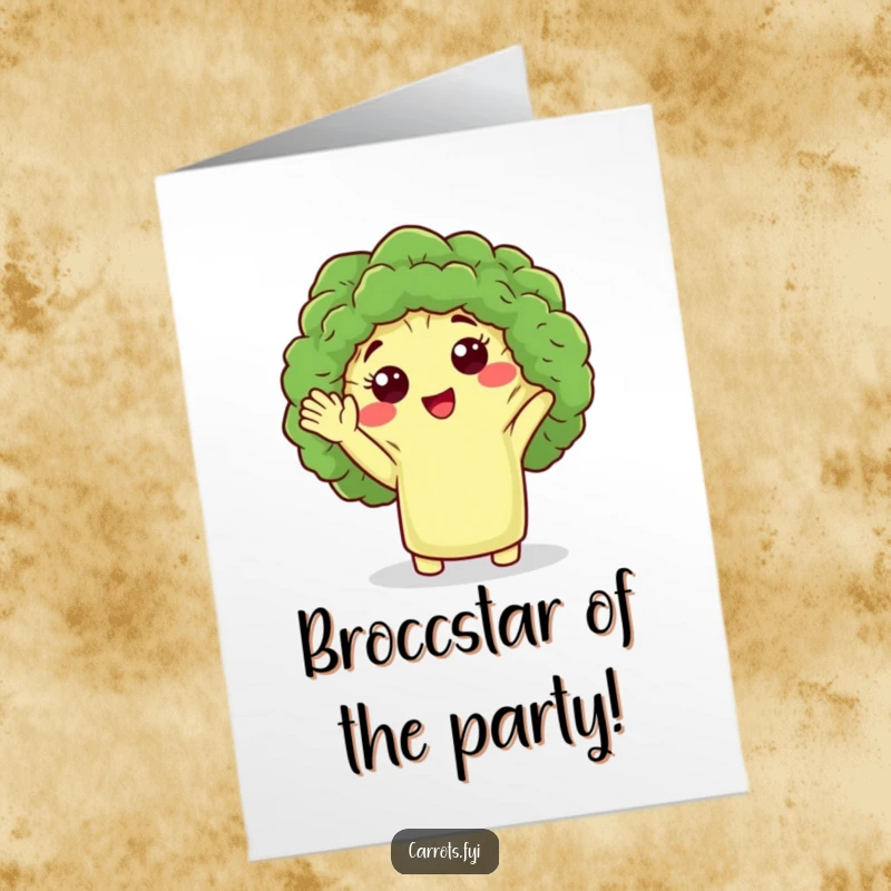 Funny Free Printable Birthday Card: A cute broccoli floret character cheerfully giving a friendly wave, wishing a happy birthday.