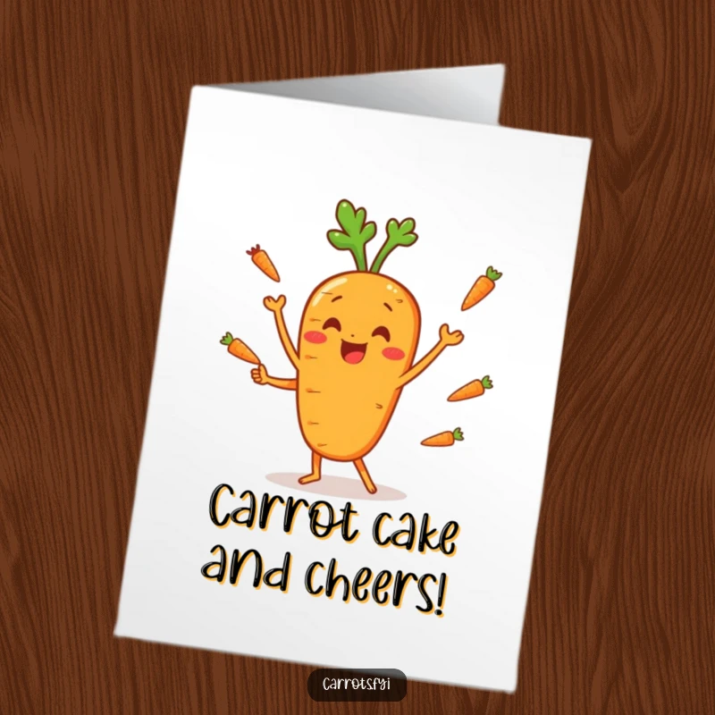 Funny Free Printable Birthday Card: An anthropomorphic carrot joyfully juggling smaller carrot sticks.
