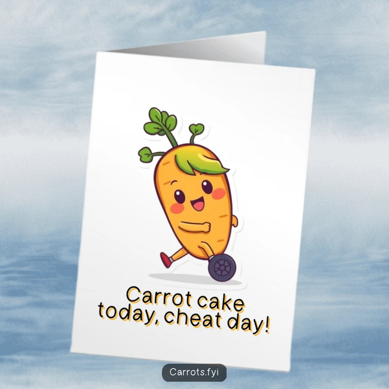 Funny Free Printable Birthday Card: Energetic carrot with leafy hair zooming on tiny wheels, ready for celebration.