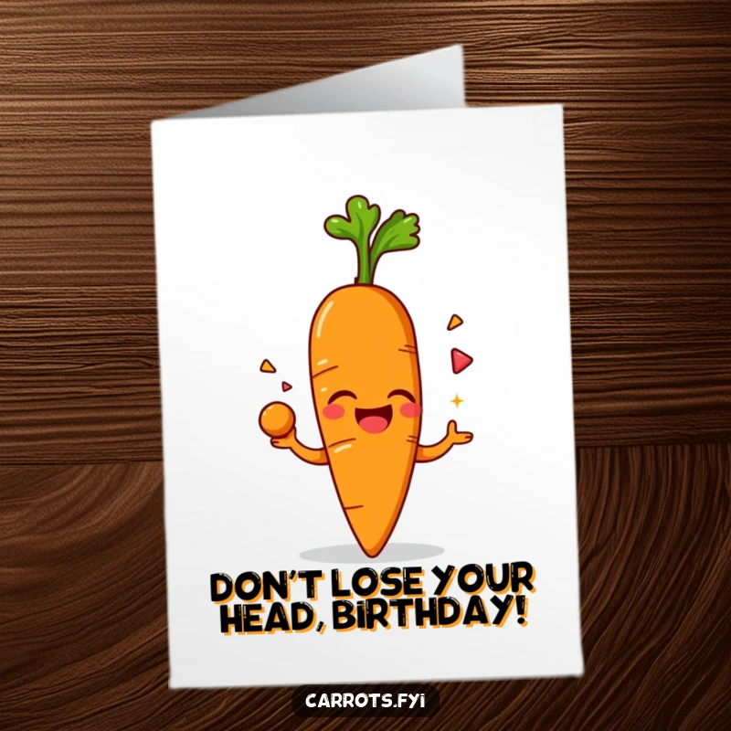 Funny Free Printable Birthday Card: Anthropomorphic carrot character giggling while expertly juggling its own leafy green top.