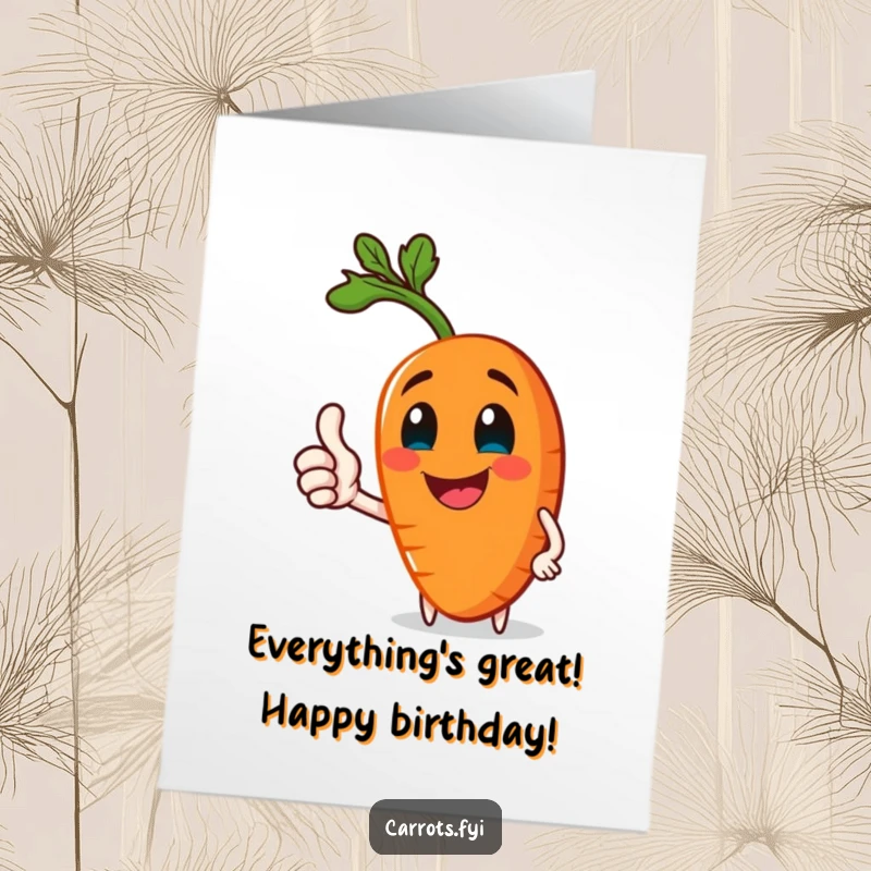 Funny Free Printable Birthday Card with a cheerful, healthy carrot giving a big thumbs-up, radiating positivity and fun.