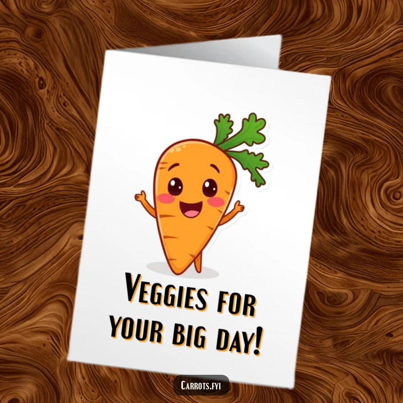 Funny free printable birthday card featuring a cheerful carrot, ecstatic about joining a healthy meal, bringing joy and laughter.