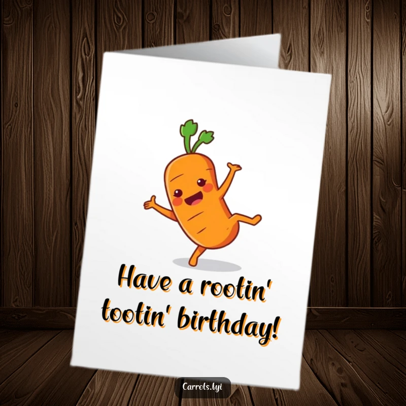 Funny Free Printable Birthday Card: An energetic anthropomorphic carrot performs a joyful cartwheel, ready to celebrate.